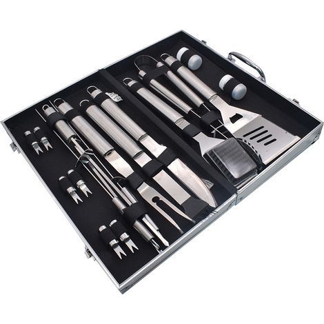 18 Pcs Outils Barbecue, Accessoires De Barbecue En Acier Inoxydable Dans Un Boîtier En Aluminium - Complet Set De Barbecue - Cadeau De Fête Des Pères Idéal Pour Les Hommes (1/3)