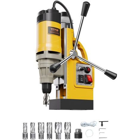 Perceuse Magnétique 1400 W, Perceuse à Colonne Force 12800 N, Vitesse Variable, Max. Diamètre d'Alésage 50 mm, avec 6 Forets de Carottage, pour Installation Construction Chantier, Jaune (1/3)