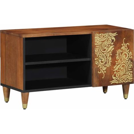Meuble TV design moderne avec rangement 80 x 33 x 46 cm en bois de mangue massif marron miel