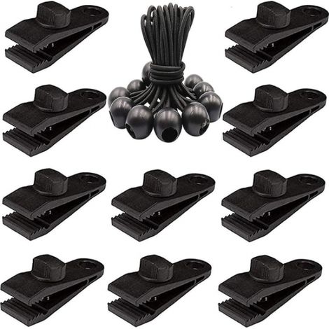 20-teiliges Zeltplanen-Set mit 10 Planenklemmen und 10 Gummiseilspannern, Planenösenclips, Campingzubehör für Zelte, Poolplanen, Planen und Markisen