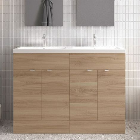 Hudson Reed Fusion Floor Standing 4-Door Vanity Unit with Double Ceramic Basin 1200mm Wide - Bleached Oak (1/5)