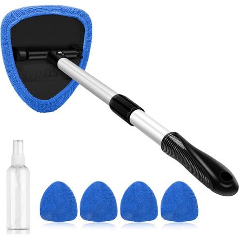 KLVGTIFS PU - Kit de nettoyage intérieur de voiture avec manche extensible et 4 lingettes microfibres réutilisables, kit de brosses essuie-glaces pour voiture, bleu (1/5)