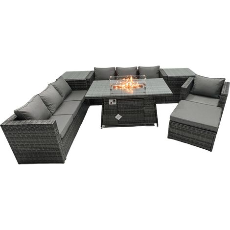 Fimous Ensemble de meubles de jardin en rotin ave Table de foyer à gaz 8 places Ensemble de canapés avec 2 Tables d'appoint Grand tabouret (1/5)