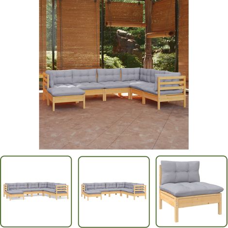 The Living Store 7-tlg. Garten-Lounge-Set mit Grauen Kissen Kiefer Massivholz - Gartengeräte - Lounge Set - Gartenmöbel - Outdoor Möbel - Rattan Gartenmöbel (1/5)