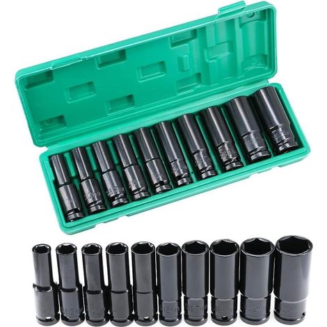 Jeu de Douille a Choc, 10 pièces Coffret Douilles Longue 10-24mm, Douille a choc hexagonale 1/2", Cle a Douille pour Visseuse et Perceuse (1/4)