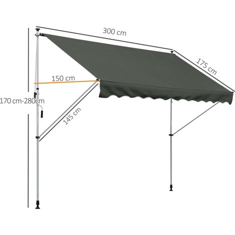 Store banne autoportant, 300 x 150 cm, avec manivelle, coupe-vent, en aluminium gris (1/5)