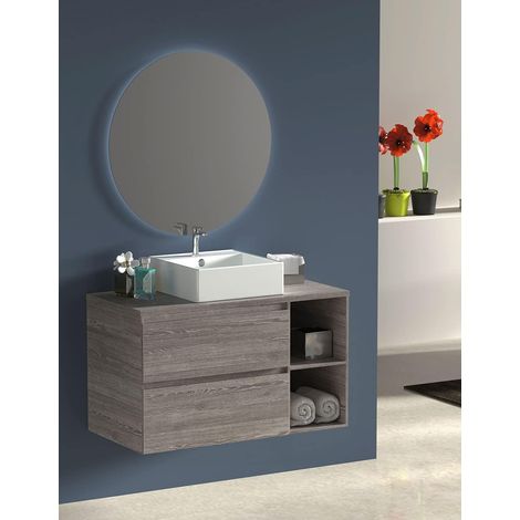 Ensemble de salle de bain Zeus - 9 couleurs (Voir dans la 3ème image) et 2 dimensions - avec meuble, miroir rond rétroéclairé et lavabo Chêne Smoky 80 cm étagère à droite (1/4)