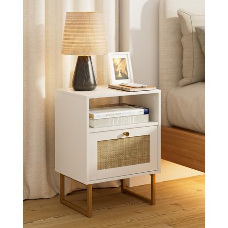 Large Bohemian Bedside Table - Small Bedside Table Rattan Bedside Table - Wooden with Drawer and Shelf in White Oak - Side Table for Bedroom, Living Room, Office - White Oak (1/5)