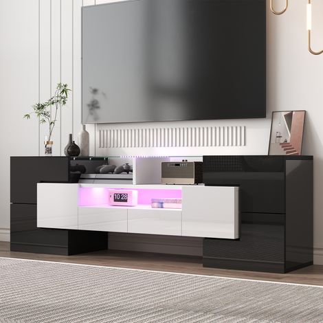 Meuble TV blanc brillant 145 cm avec éclairage LED et plateau verre élégant, design moderne (1/5)