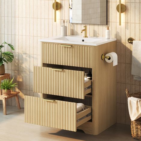 Mobile lavabo 61 cm con lavabo in ceramica, cassetti contenitore, porta carta reversibile, legno naturale (1/5)