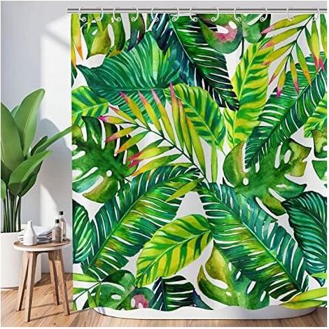 Tropical Leaves Shower Curtain 180x180, Green Banana Palm Leaves Shower Curtain Jungle Botanical Plant Bath Curtain Waterproof Polyester Fabric Washable Bath Curtain
