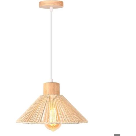 Lustre Luminaire Vintage,26cm Lampe Plafonnier Industriel en Rotin Blanc et Bois Suspension Style Nordique pour Salon Chambre (1/5)