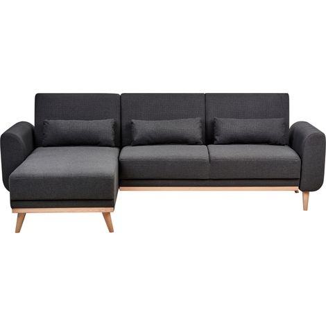 Sofá cama esquinero moderno tapizado de poliéster patas de madera clara cojines adicionales derecho negro Ollsta