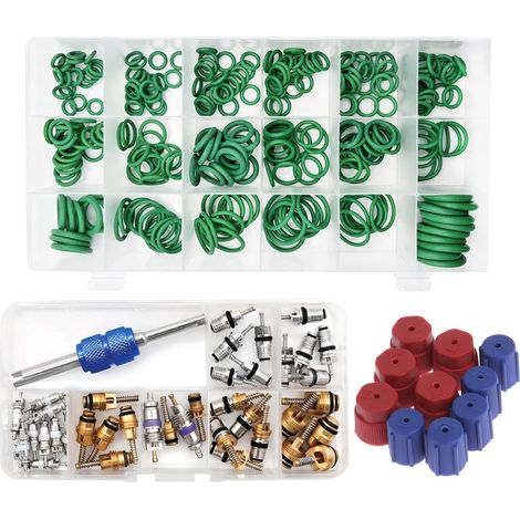 Lot de 3 kits de réparation de climatisation de voiture, 270 joints toriques en caoutchouc + 40 pièces de noyau de valve de climatiseur de voiture R12 R134a + 10 bouchons de valve AC R134a (1/5)