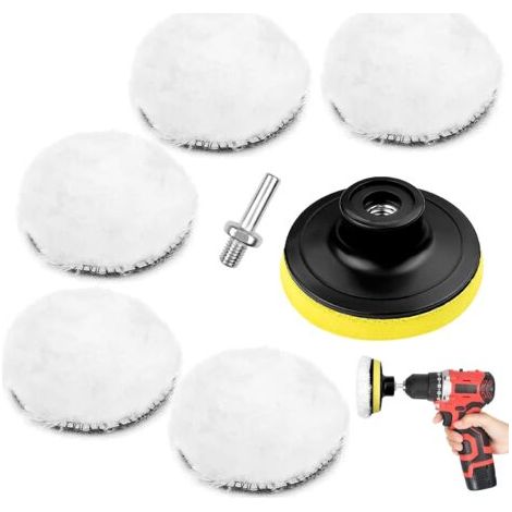 7 Pièces Kit Polissage Voiture,Pad Polissage Voiture, Disque Polissage en Laine, Tampon de Polissage en Laine D'Agneau pour Ponçage Polissage Cirage, avec  Adaptateur de Perceuse