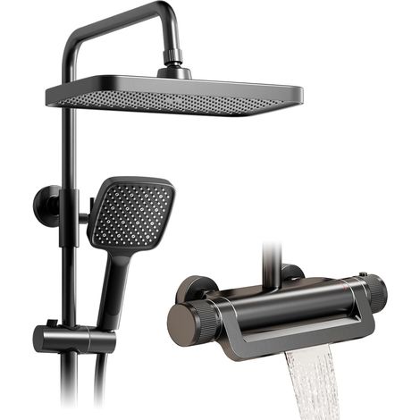 Colonne de douche, colonne de douche thermostatique gris canon Ensemble de douche 3-en-1 avec pomme de douche à effet pluie 330×220 mm, pommeau de douche orientable à 360° avec accessoires (1/5)