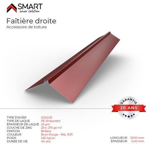 Faîtière droite - bac acier - tôle de couverture - Toiture -  H12 Brun Rouge RAL 3011 L=2m (1/2)