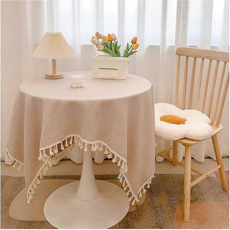 Nappe ronde en coton et lin avec franges lavable couleur unie pour la décoration de la cuisine et de la salle à manger - 60 x 90 cm - Beige clair (1/5)