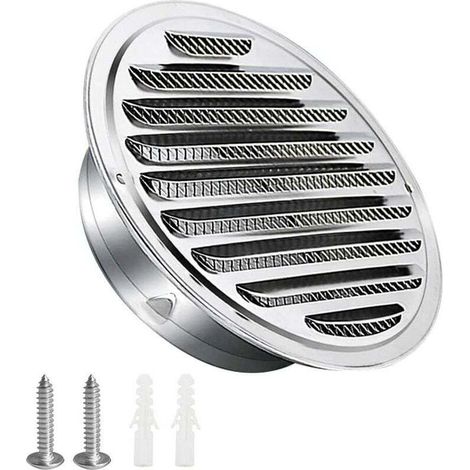 100mm stainless steel ventilation grille with screws and wall plugs. Weatherproof. Louvers with mosquito net and loop. Round air exhaust grille. Screw and flange. Grille. (1/4)
