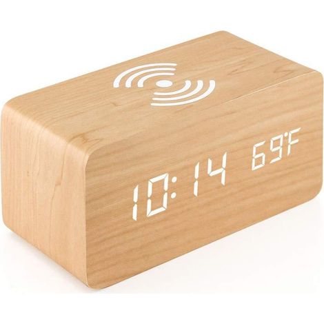 Digital Thermometer Alarm Clock Digital Alarm Clock Wood LED Digital Wood Alarm Clock with Wireless Charger, Wooden Alarm Clock with Induction Charger Wireless Charger for Bedroom/Office (1/5)