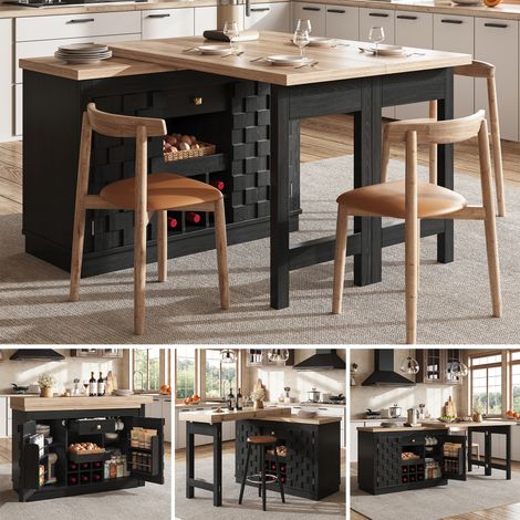 Îlot de cuisine pivotant à 360° et meuble d'appoint 120–197 cm avec portes patchwork, casier à vin amovible et tiroirs, 2 couleurs (chêne clair / noir) (1/5)