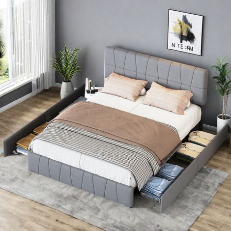 160 x 200 cm Letto matrimoniale moderno con contenitore, letto imbottito con 4 cassetti, velluto grigio, testiera alta regolabile, struttura in velluto, senza materasso. (1/5)
