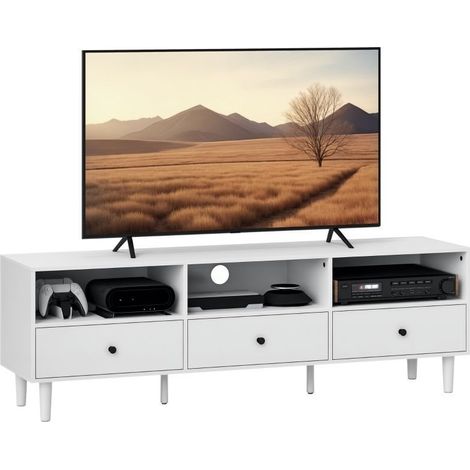 Meuble TV adapté aux écrans jusqu’à 75 pouces, 3 casiers ouverts et 3 tiroirs, structure en panneau de particules, couleur blanche