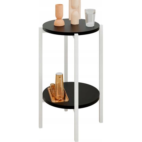 Mesita auxiliar redonda tipo loft con estante, 35x35x62 cm, metal blanco. (1/5)