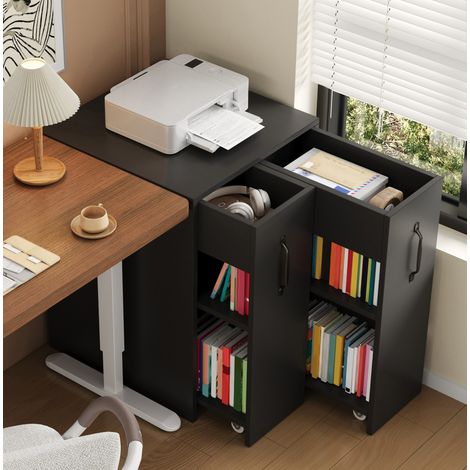Bücherregal mit Rollen–mobiles Sideboard mit ausziehbarer Seitenschublade, große Rollen, Kantenschutz, umkehrbare Links-/Rechts-Konfiguration–Aufbewahrungsmöbel für den Schreibtisch, Nachttisch,Badezi (1/5)