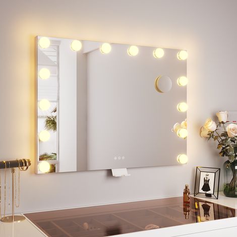 SONNI Hollywood Schminkspiegel mit Beleuchtung, 14 LED Licht Dimmbar Kosmetikspiegel 3 Einstellbar Lichtfarben, mit Halterung für Mobiltelefon und 10-fache Lupe, 80×60 cm (1/5)