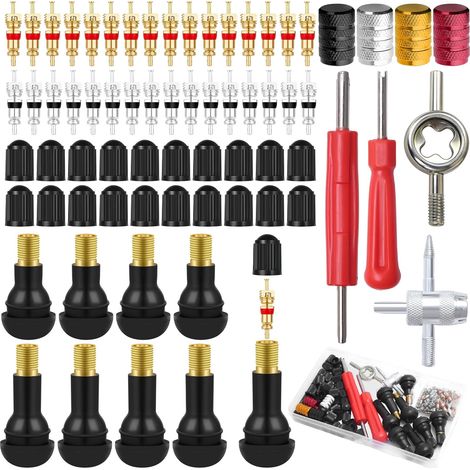 Valve Pneu Voiture TR412 TR413, 96 PCS Demonte Obus Valve Kit, avec Extracteurs de Noyau de Valve Core, Capuchons de Valve, Outil de Kit Reparation pour Valves Tubeless de Pneus Voitures, Vélos, Motos (1/5)