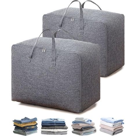 Lot de 2 sacs de rangement pliables gris de 105 litres pour couettes et couvertures avec poignées (70 x 50 x 30 cm) (1/5)