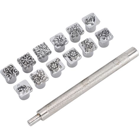 12-teiliges Stempelwerkzeug-Set aus der Tang-Dynastie, florales Muster, Stempel aus pflanzlich gegerbtem Leder, 1 Griff