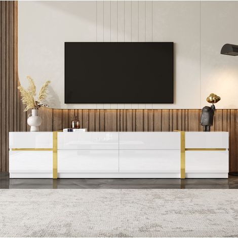 Meuble TV 180x40x38 cm blanc en MDF et panneau de particules avec finition brillante, 4 tiroirs et 2 portes (1/5)