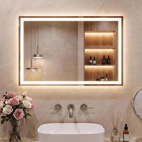 Miroir de Salle de Bain avec éclairage LED Miroir Mural à intensité Variable avec 3 Couleurs de lumière Anti-buée Convient pour Salle de Bain, Chambre à Coucher, hôtel - 80 x 60 cm (1/5)