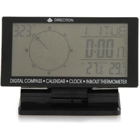 Termómetro digital negro para coche con gran pantalla LCD de 3,9 pulgadas, retroiluminación azul, reloj y brújula. (1/4)