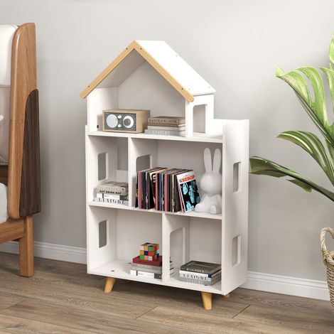Étagère de rangement pour jouet enfant et livres forme de maison 3 niveaux  65 x 25 x 108,5 cm blanc et naturel (1/5)