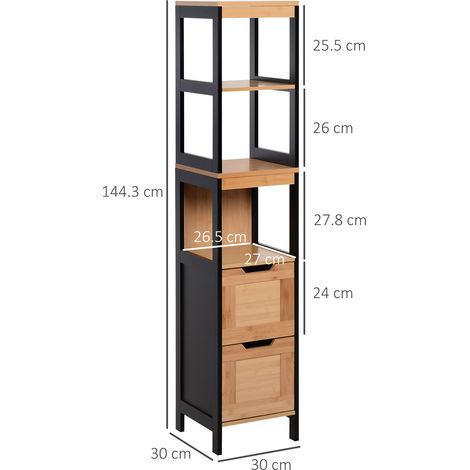 Colonne de salle de bain avec 2 tiroirs et 3 compartiments ouverts en MDF et bambou 30x30x144,3 cm (1/5)