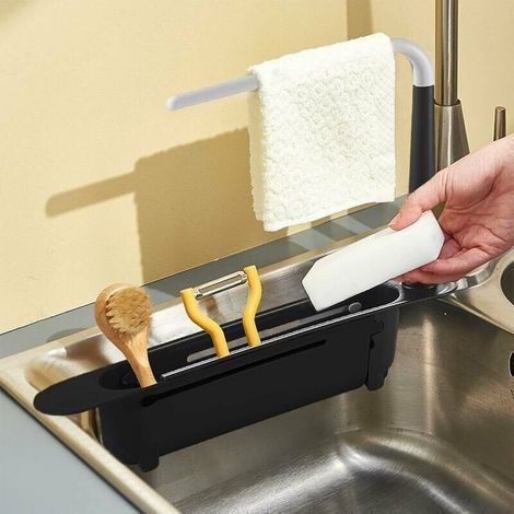 Porte-éponge rétractable pour évier de cuisine 32-45 cm – Support en plastique noir avec panier de vidange – Rangement efficace (1/4)