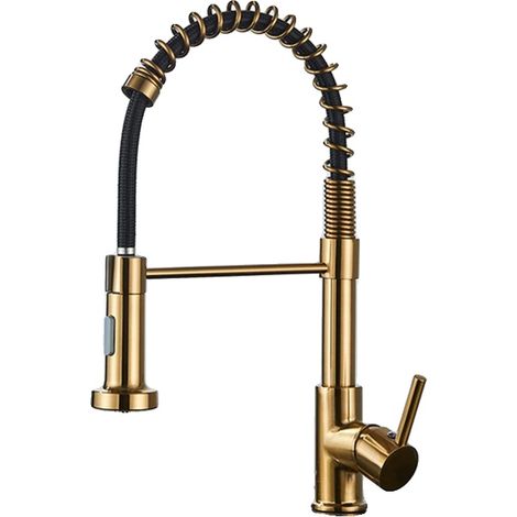 Grifo de cocina con rociador extraíble, giratorio 360 grados, acabado en oro cepillado. (1/2)