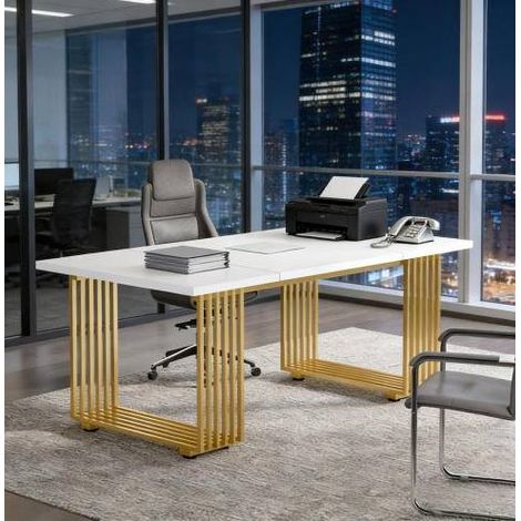 REDOM - Mesa de comedor 180x79x78 cm, tablero amplio, patas ajustables, estructura de metal y madera, blanco y dorado (1/5)