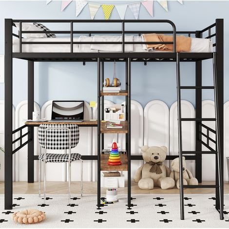 Cama alta infantil con escritorio y estantes negra OKMYHOME (1/5)