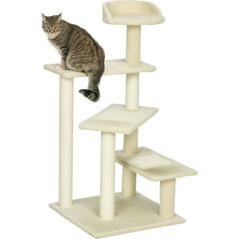 PawHut Kratzbaum 100 cm Katzenturm mit Sisalstämme, große Plattform, mehrstöckiger Katzenkratzbaum, Kletterbaum, für kleine & mittelgroße Katzen, Beige (1/5)