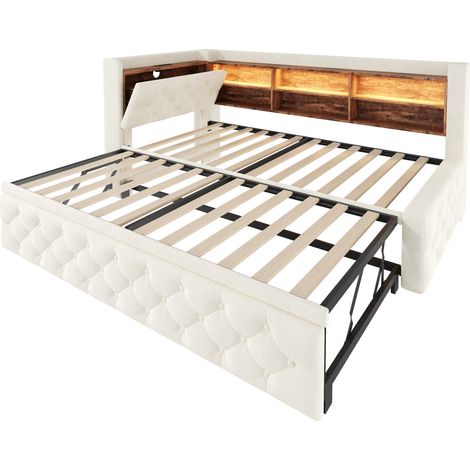 Sofá cama abatible 90 x 190 cm de terciopelo beige con LED, USB-C y almacenaje (1/5)