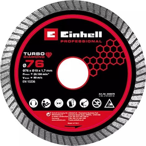 EINHELL Disque de coupe diamant - 76 mm - 1,8 mm - Alésage 10 mm - Pour carrelage et faïence - Vitesse max. 80 m/s