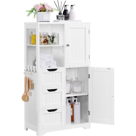 Yaheetech Mobile da Bagno Mobiletto da Terra con 3 Cassetti e Armadietto Mobile con Ganci Portaoggetti Armadietto Moderno Salvaspazio 60 x 30 x 107 cm Bianco
