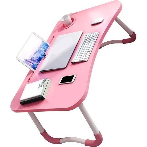 Kinder-Laptoptisch mit Getränkehalter, klappbarer Betttisch aus MDF für Schlafzimmer, Rosa (1/5)