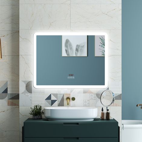 OCEAN Specchio da bagno 100x60cm con LED,Bluetooth,3 colori,Dimmerabile,Orologio, Antiappannamento,Memoria,IP44, Vetro HD (1/5)