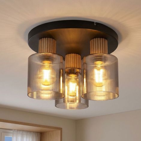 Lampada da soffitto per camera da letto effetto legno e vetro a 3 luci, D 30 cm (1/5)