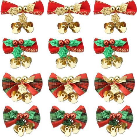 Set mit 12 Weihnachtsschleifen mit Glöckchen, rote Stoffschleifen, Christbaumschmuck, Eisenschleifen für dekorative Weihnachtsgirlanden (5 x 3 cm) (1/5)